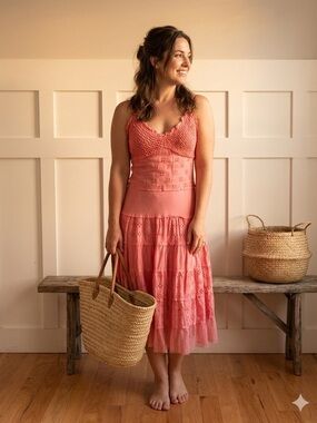 Vintage Style Tulle Bottom Pink Midi Dress with Eyelet Detail Small